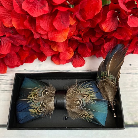 Handmade Blue & Brown Feather Bow Tie Boutonnière Lapel Pin Set - Picture 3 of 11